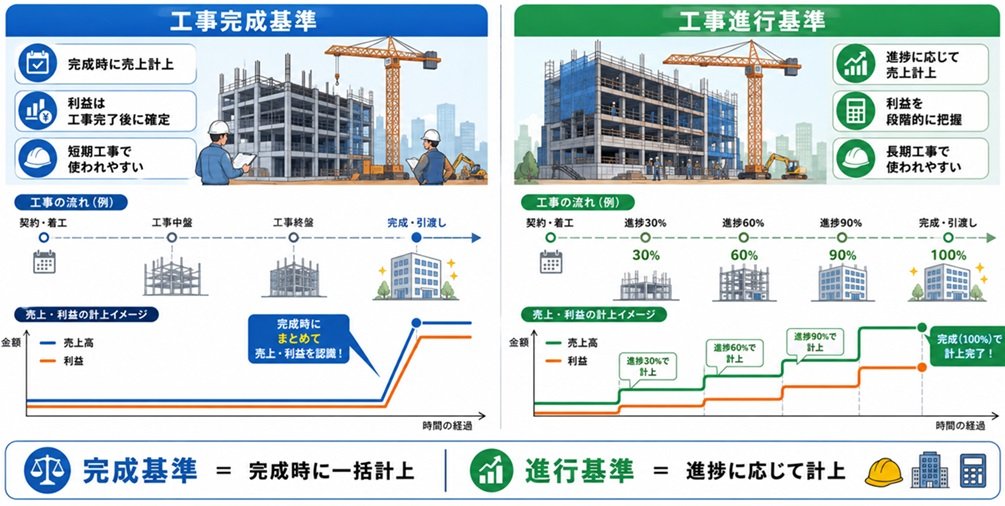 建設業の工事完成基準 vs 工事進行基準の違いのイメージと比較説明