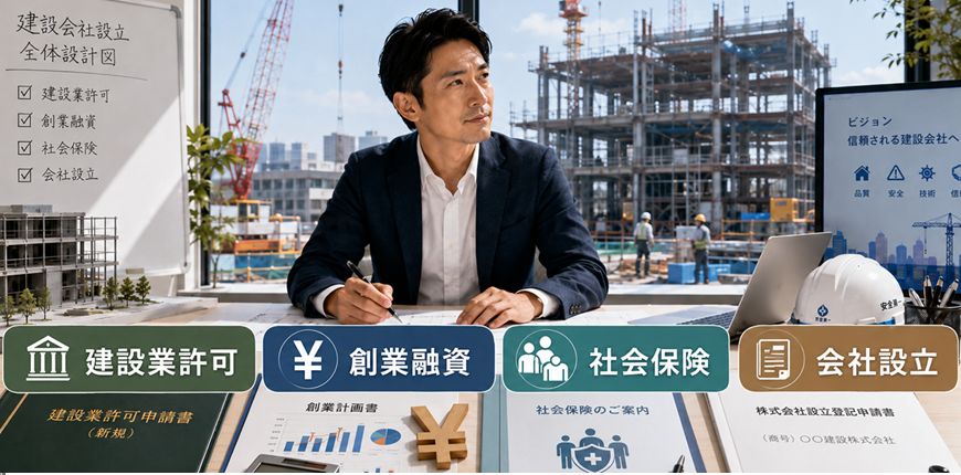 建設業許可･創業融資･社会保険･会社設立といった全体を見据えた会社設計のイメージ画像