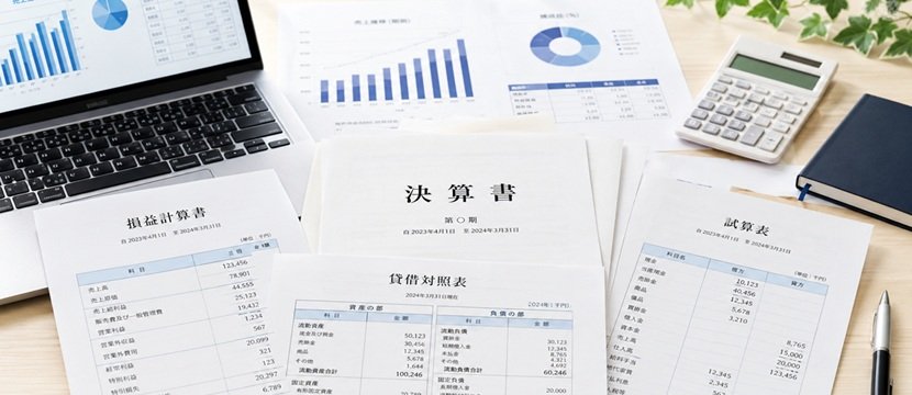 貸借対照表や損益計算書など決算書と試算表のイメージ画像.