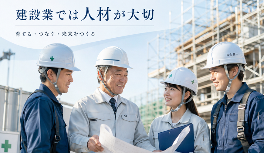 建設業や建築業では人材の採用雇用と教育や育成が大切であるというイメージ画像