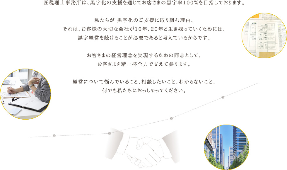 匠税理士事務所は、黒字化の支援を通じてお客さまの黒字率100％を目指しております。私たちが 黒字化のご支援に取り組む理由、それは、お客様の大切な会社が10年、20年と生き残っていくためには、黒字経営を続けることが必要であると考えているからです。お客さまの経営理念を実現するための同志として、お客さまを精一杯全力で支えて参ります。経営について悩んでいること、相談したいこと、わからないこと、何でも私たちにおっしゃってください。