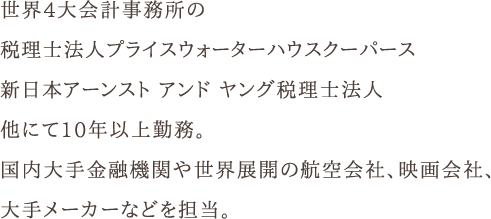 世界4大会計事務所の税理士法人プライスウォーターハウスクーパース新日本アーンスト アンド ヤング税理士法人他にて10年以上勤務。国内大手金融機関や世界展開の航空会社、映画会社、大手メーカーなどを担当。