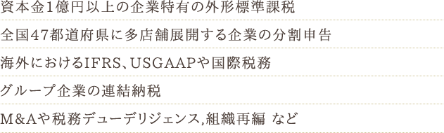 資本金1億円以上の企業特有の外形標準課税全国47都道府県に多店舗展開する企業の分割申告海外におけるIFRS、USGAAPや国際税務グループ企業の連結納税M&Aや税務デューデリジェンス,組織再編 など