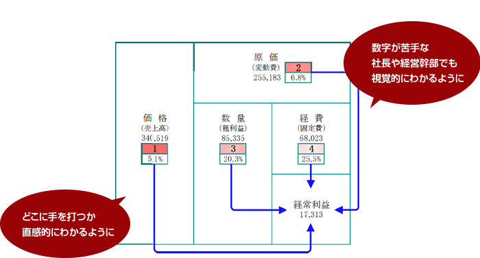 数字が苦手な社長や経営幹部でも視覚的にわかるように / どこに手を打つか
直感的にわかるように