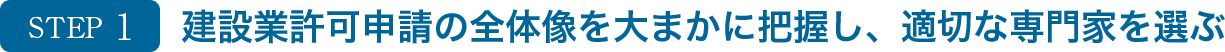 STEP1　建設業許可申請の全体像を大まかに把握し、適切な専門家を選ぶ